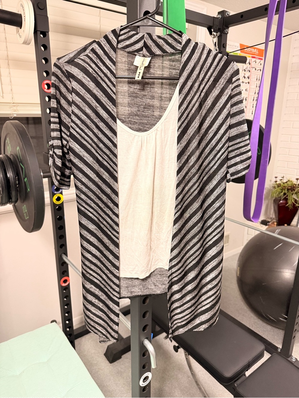Heart Soul Black and Gray Striped Open Cardigan with White Tank M